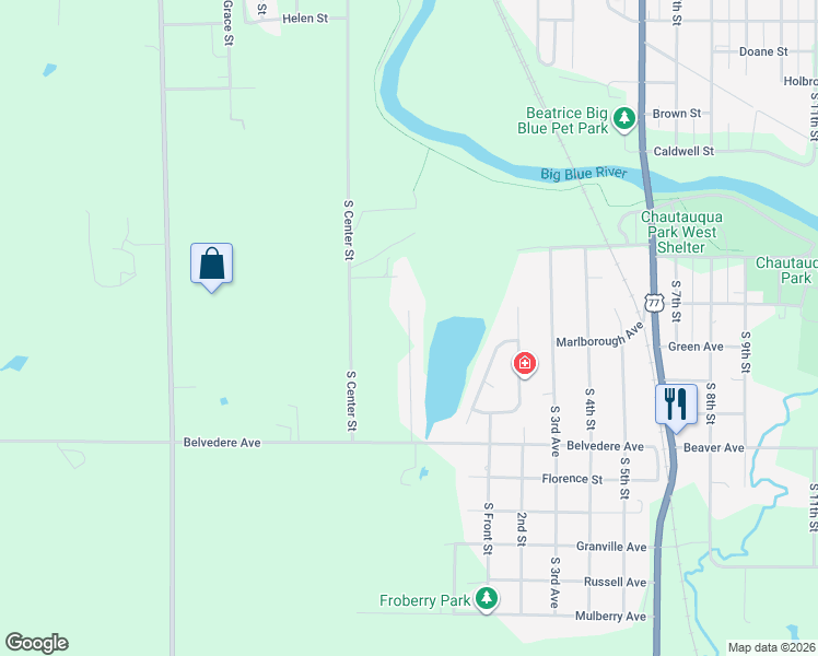 map of restaurants, bars, coffee shops, grocery stores, and more near 1202 Doyle Lane in Beatrice
