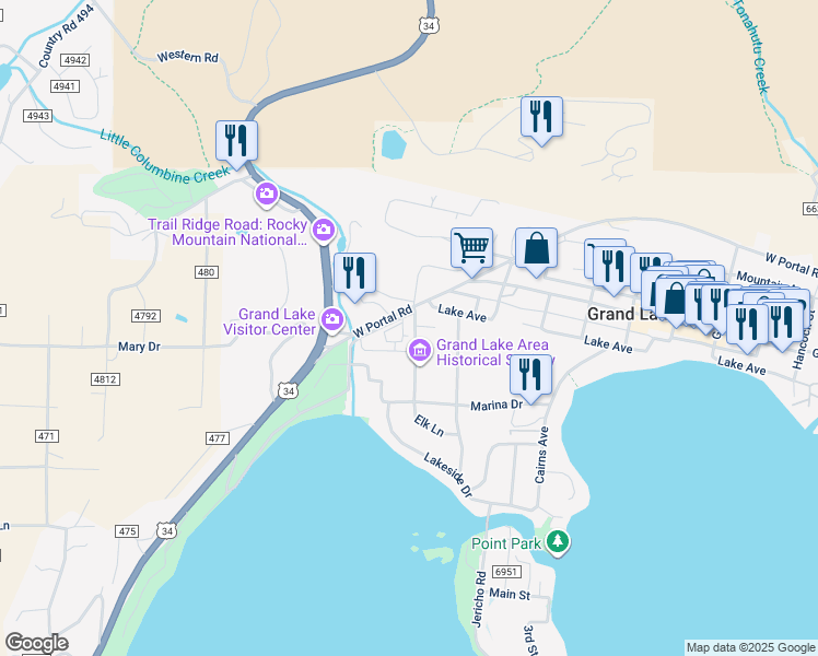map of restaurants, bars, coffee shops, grocery stores, and more near 851 County Road 4051 in Grand Lake