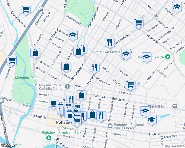 map of restaurants, bars, coffee shops, grocery stores, and more near 376 Spruce Street in Pottstown
