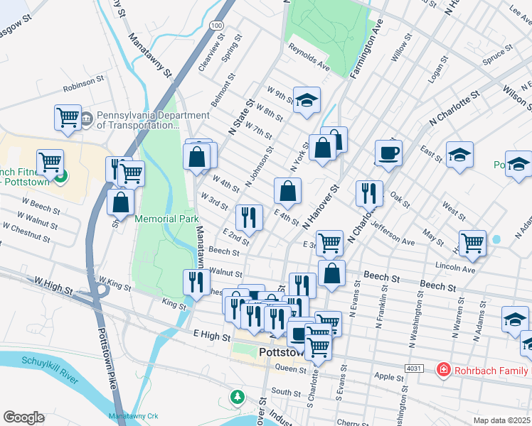 map of restaurants, bars, coffee shops, grocery stores, and more near 33 East 4th Street in Pottstown