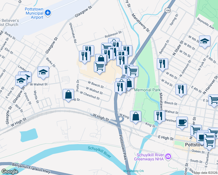 map of restaurants, bars, coffee shops, grocery stores, and more near 307 West Beech Street in Pottstown