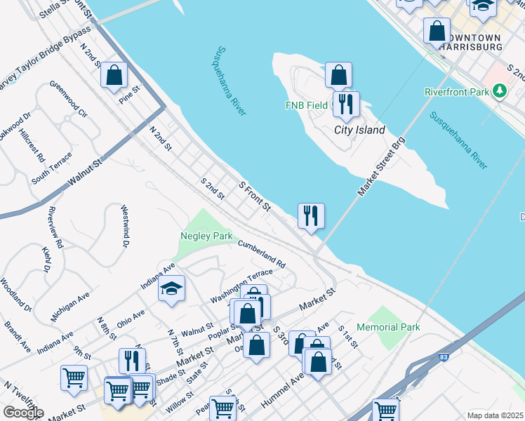 map of restaurants, bars, coffee shops, grocery stores, and more near 226 South Front Street in Wormleysburg
