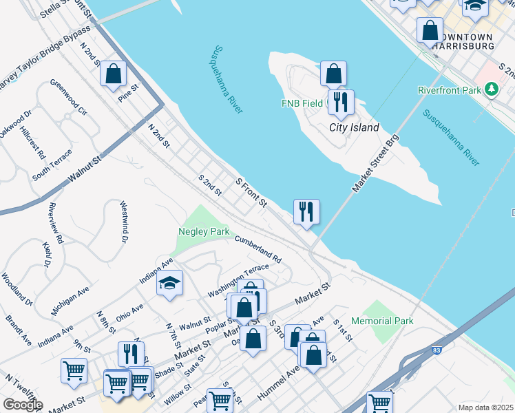 map of restaurants, bars, coffee shops, grocery stores, and more near 226 South Front Street in Wormleysburg