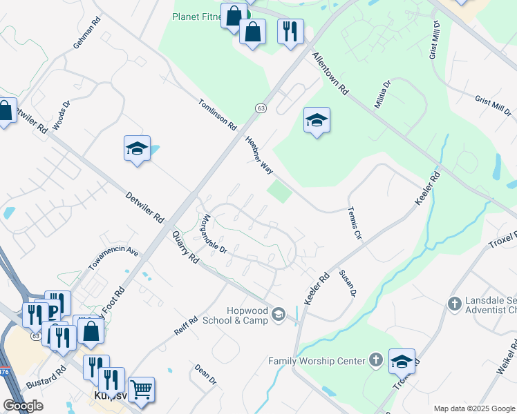 map of restaurants, bars, coffee shops, grocery stores, and more near 2425 Hillock Court in Lansdale