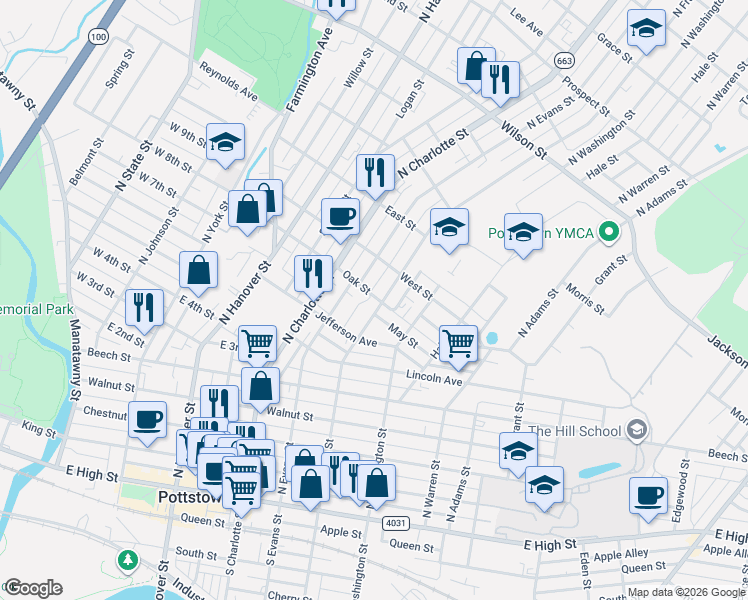 map of restaurants, bars, coffee shops, grocery stores, and more near 464 1/2 North Evans Street in Pottstown