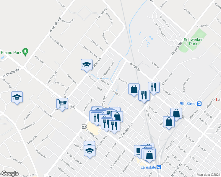 map of restaurants, bars, coffee shops, grocery stores, and more near 899 West 5th Street in Lansdale