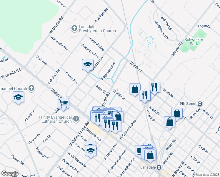 map of restaurants, bars, coffee shops, grocery stores, and more near 1002 Poplar Street in Lansdale