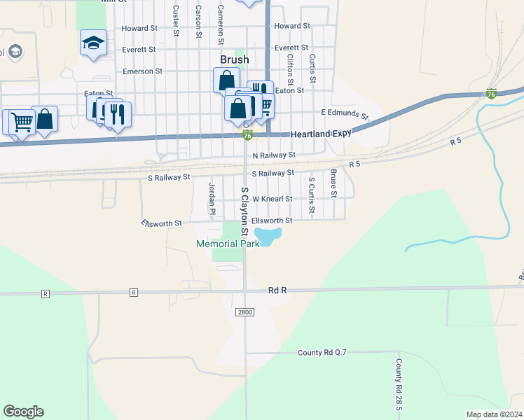 map of restaurants, bars, coffee shops, grocery stores, and more near 212 South Colorado Avenue in Brush