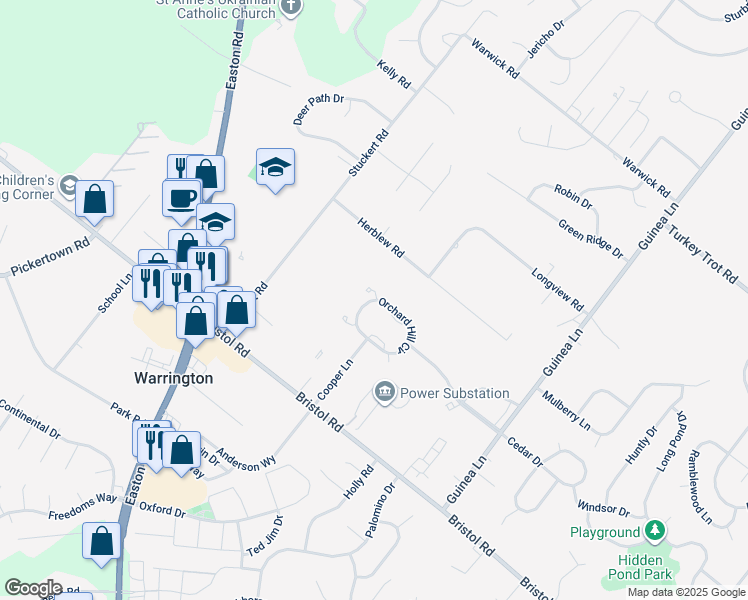 map of restaurants, bars, coffee shops, grocery stores, and more near 2271 Orchard Hill Circle in Warrington
