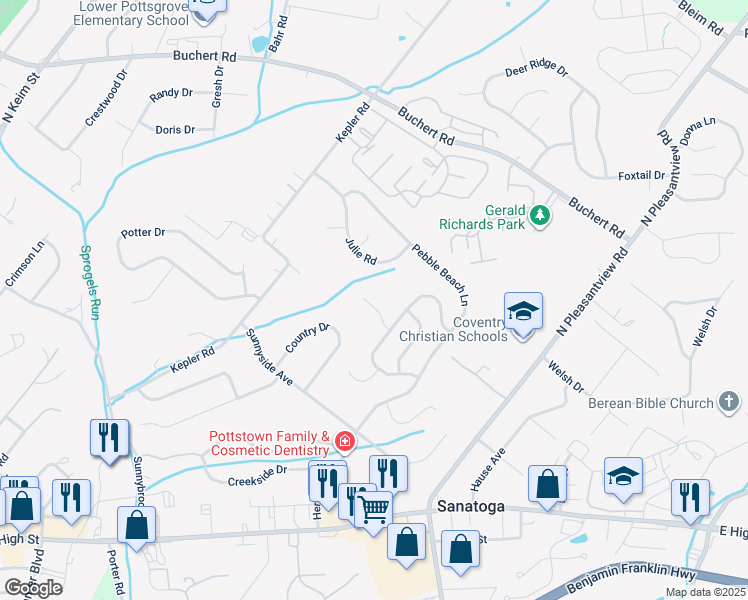 map of restaurants, bars, coffee shops, grocery stores, and more near 6 Raleigh Court in Pottstown