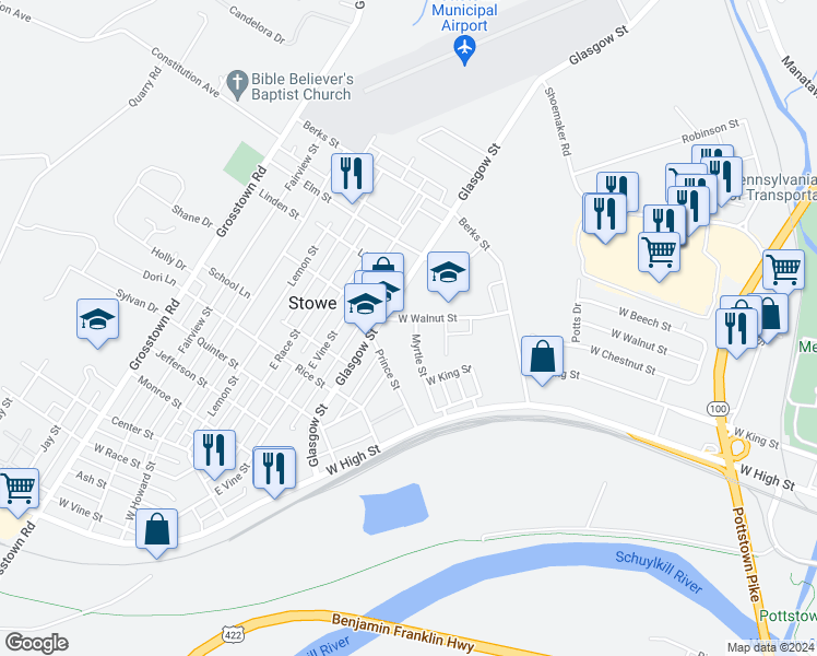 map of restaurants, bars, coffee shops, grocery stores, and more near 544 West Walnut Street in Pottstown