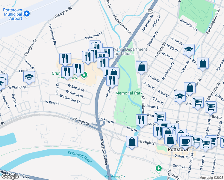 map of restaurants, bars, coffee shops, grocery stores, and more near 146 Shoemaker Road in Pottstown