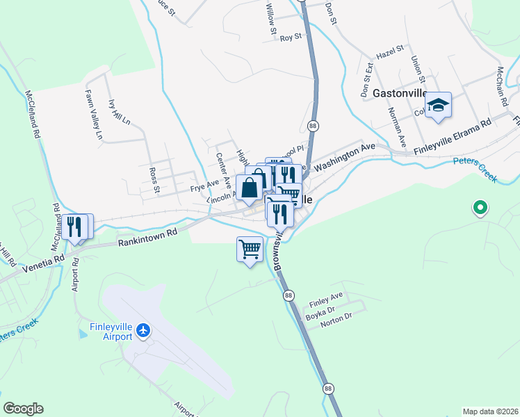 map of restaurants, bars, coffee shops, grocery stores, and more near 3520 Washington Avenue in Finleyville
