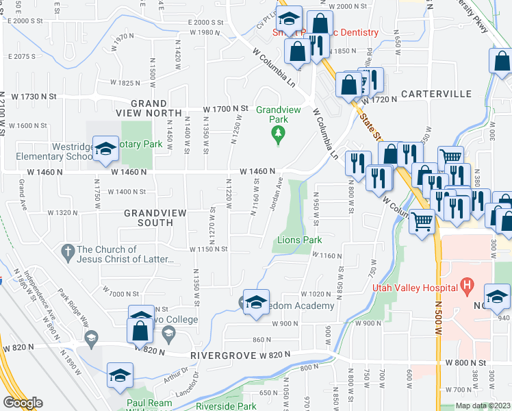 map of restaurants, bars, coffee shops, grocery stores, and more near 1335 North 1160 West Street in Provo