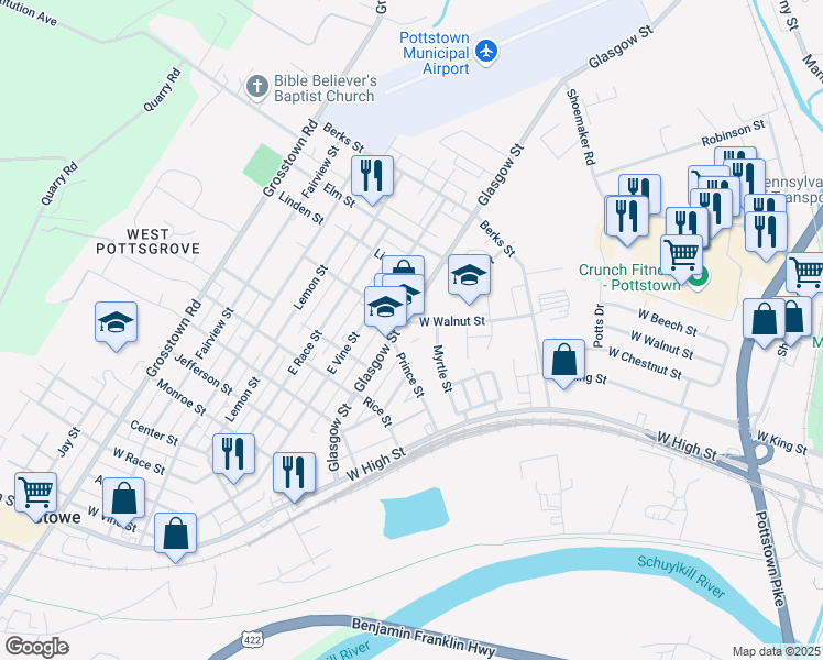 map of restaurants, bars, coffee shops, grocery stores, and more near 609 Glasgow Street in Stowe