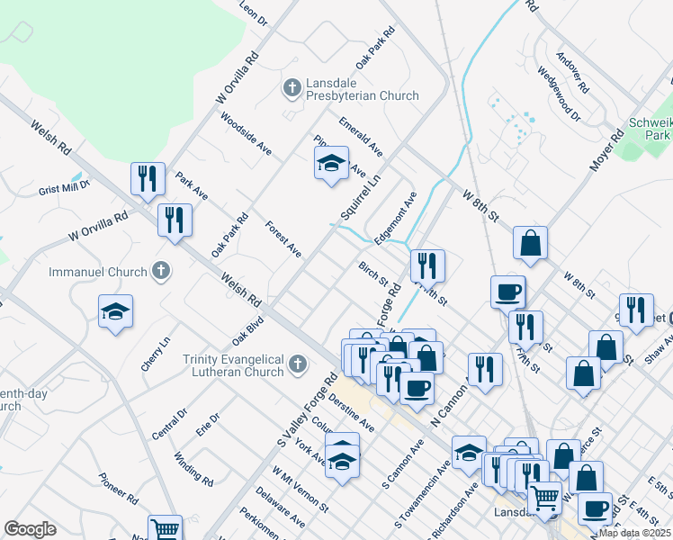 map of restaurants, bars, coffee shops, grocery stores, and more near 1106 Elm Avenue in Lansdale