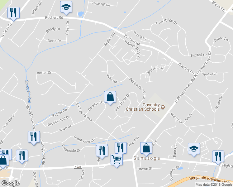 map of restaurants, bars, coffee shops, grocery stores, and more near 6 Raleigh Court in Pottstown