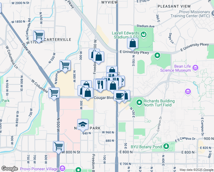 map of restaurants, bars, coffee shops, grocery stores, and more near 108 West 1230 North Street in Provo