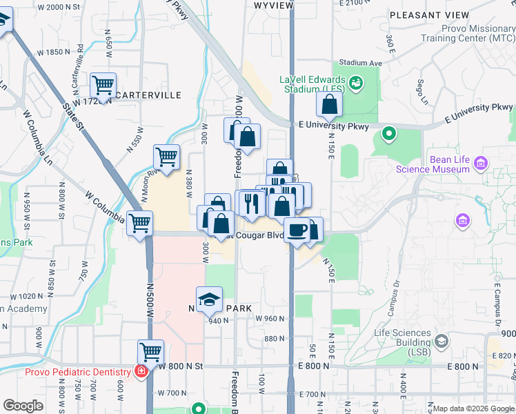 map of restaurants, bars, coffee shops, grocery stores, and more near 108 West 1230 North Street in Provo