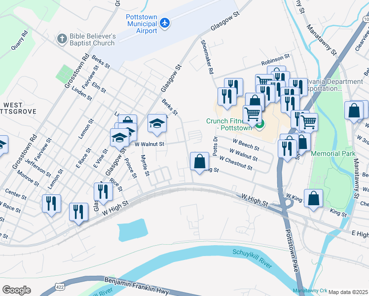 map of restaurants, bars, coffee shops, grocery stores, and more near 115 Berks Street in Pottstown