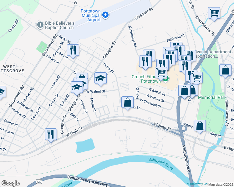 map of restaurants, bars, coffee shops, grocery stores, and more near 115 Berks Street in Pottstown