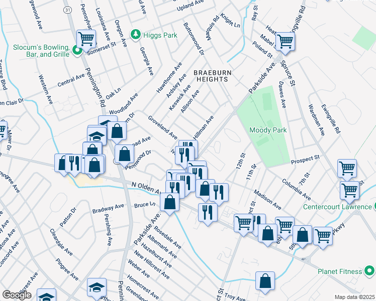map of restaurants, bars, coffee shops, grocery stores, and more near 17 Hillman Avenue in Ewing Township