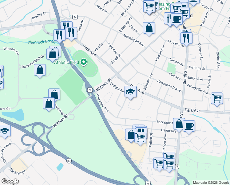 map of restaurants, bars, coffee shops, grocery stores, and more near 23 Enright Avenue in Freehold