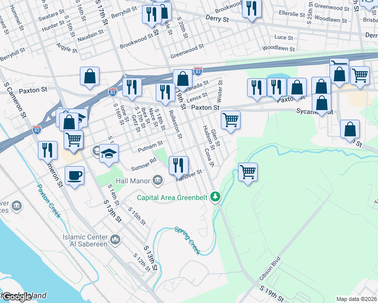 map of restaurants, bars, coffee shops, grocery stores, and more near 1205 Rolleston Street in Harrisburg