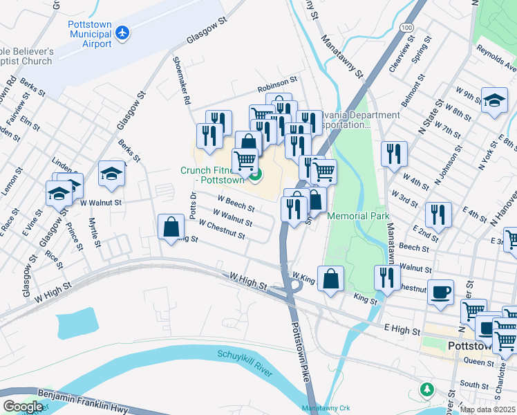 map of restaurants, bars, coffee shops, grocery stores, and more near 207 Gable Street in Pottstown