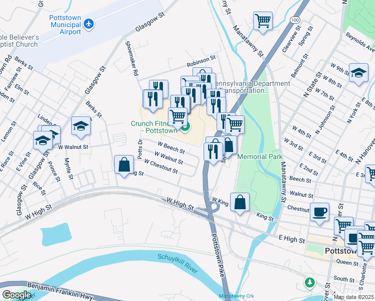 map of restaurants, bars, coffee shops, grocery stores, and more near 207 Gable Street in Pottstown