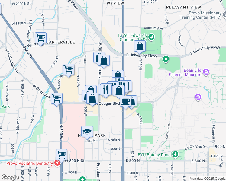 map of restaurants, bars, coffee shops, grocery stores, and more near 98 West 1230 North Street in Provo