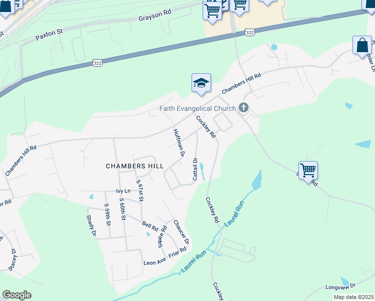 map of restaurants, bars, coffee shops, grocery stores, and more near 593 Cattail Drive in Harrisburg