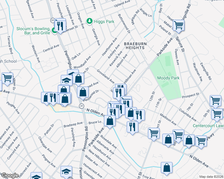 map of restaurants, bars, coffee shops, grocery stores, and more near 11 Kern Avenue in Ewing Township