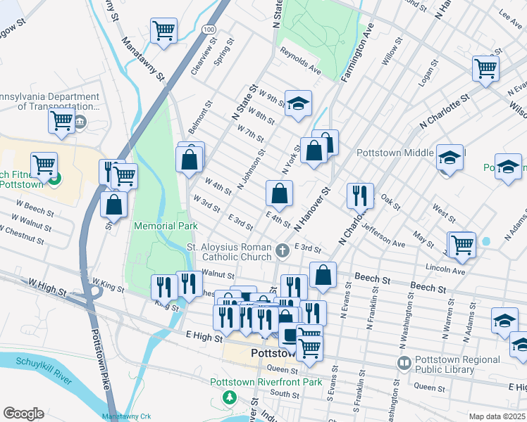 map of restaurants, bars, coffee shops, grocery stores, and more near 100 East 4th Street in Pottstown