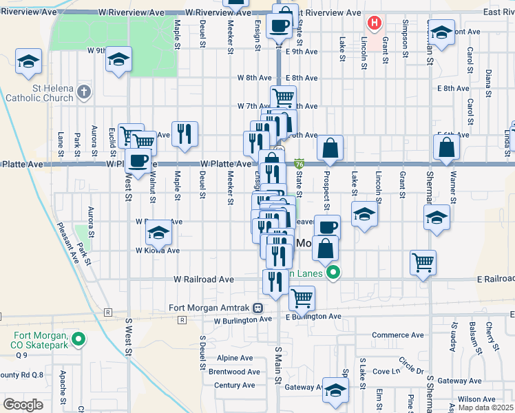 map of restaurants, bars, coffee shops, grocery stores, and more near 431 Ensign Street in Fort Morgan