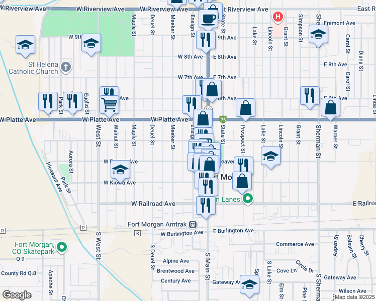 map of restaurants, bars, coffee shops, grocery stores, and more near 431 Ensign Street in Fort Morgan