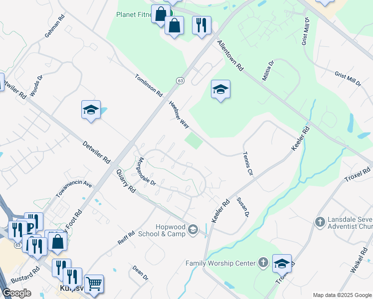 map of restaurants, bars, coffee shops, grocery stores, and more near 2218 Mulberry Court in Lansdale