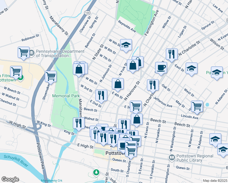 map of restaurants, bars, coffee shops, grocery stores, and more near 364 North York Street in Pottstown