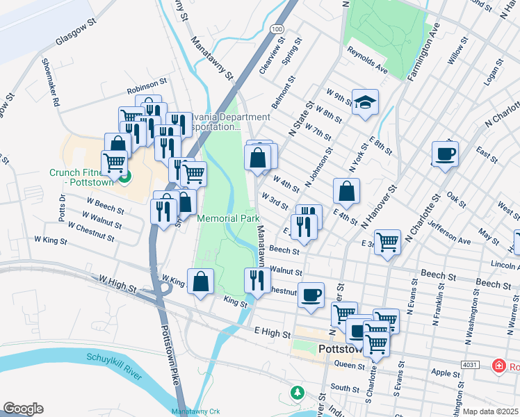 map of restaurants, bars, coffee shops, grocery stores, and more near 279 Manatawny Street in Pottstown