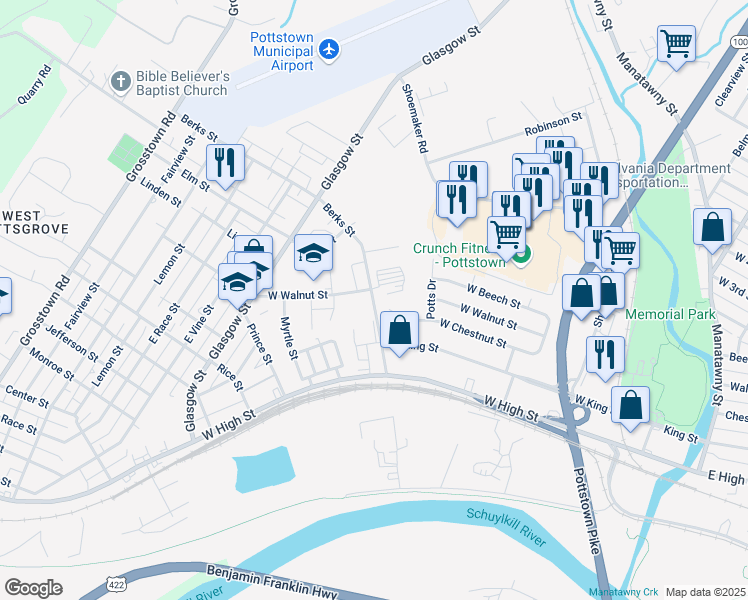 map of restaurants, bars, coffee shops, grocery stores, and more near 140 Berks Street in Pottstown