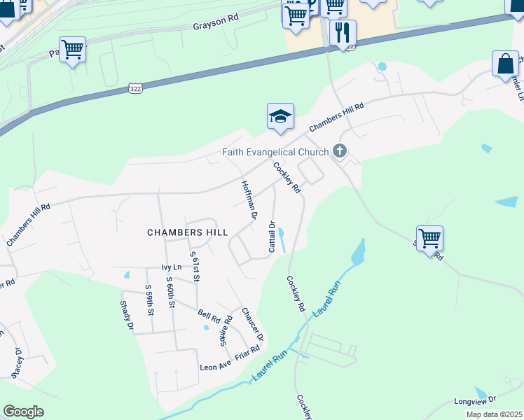 map of restaurants, bars, coffee shops, grocery stores, and more near 593 Cattail Drive in Harrisburg