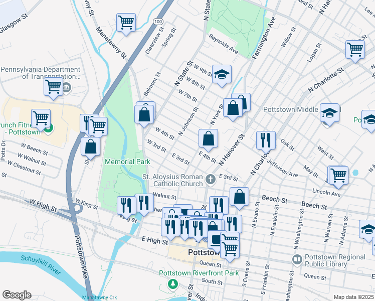 map of restaurants, bars, coffee shops, grocery stores, and more near 32 East 4th Street in Pottstown