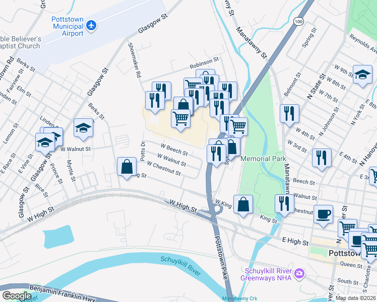 map of restaurants, bars, coffee shops, grocery stores, and more near 307 West Beech Street in Pottstown