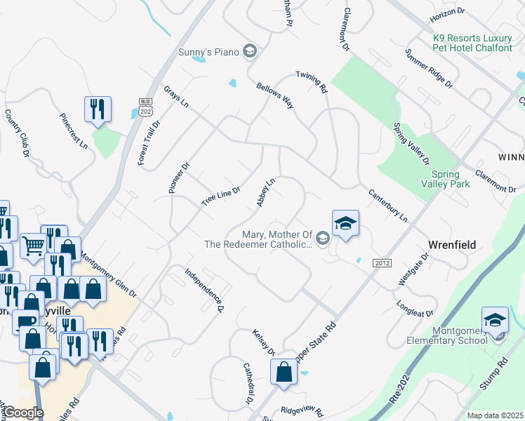 map of restaurants, bars, coffee shops, grocery stores, and more near 307 Abbey Lane in Lansdale