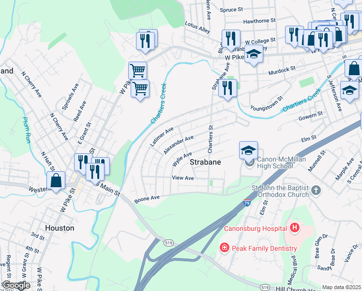 map of restaurants, bars, coffee shops, grocery stores, and more near 179 Alexander Avenue in Strabane