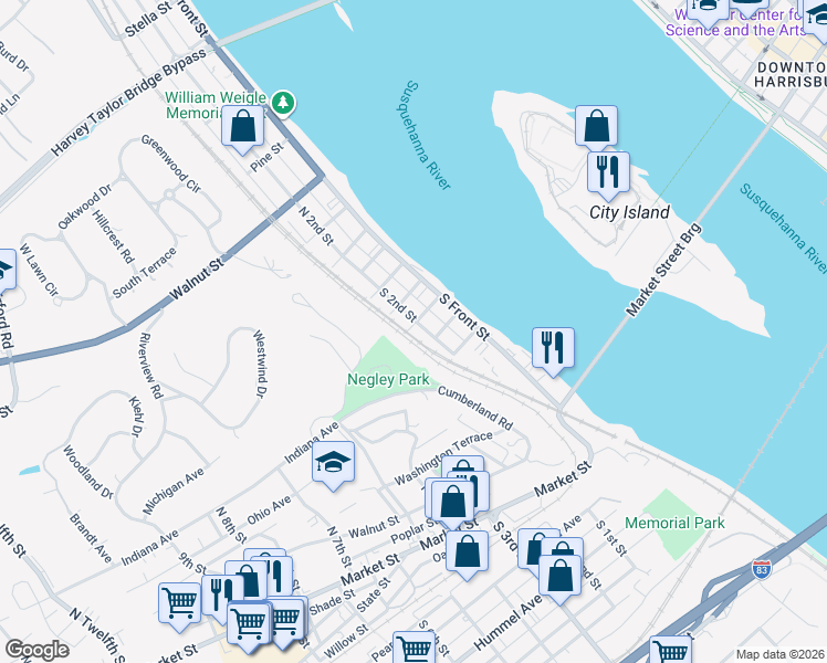 map of restaurants, bars, coffee shops, grocery stores, and more near 122 South 2nd Street in Wormleysburg