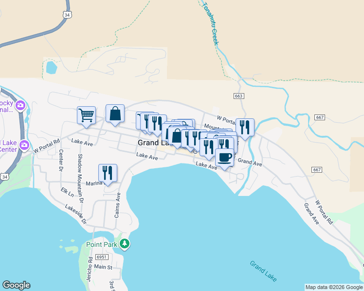 map of restaurants, bars, coffee shops, grocery stores, and more near 910 Park Ave in Grand Lake