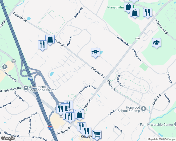 map of restaurants, bars, coffee shops, grocery stores, and more near 1776 Detwiler Road in Harleysville
