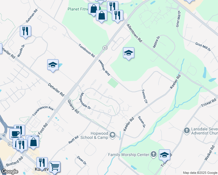 map of restaurants, bars, coffee shops, grocery stores, and more near 2218 Mulberry Court in Lansdale