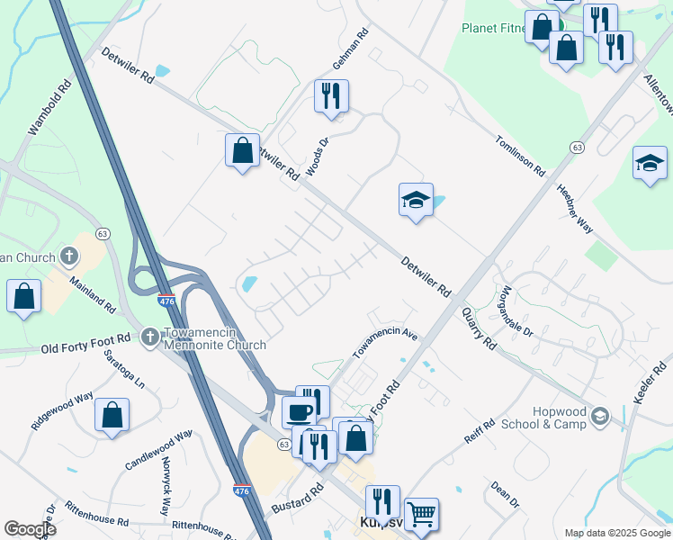 map of restaurants, bars, coffee shops, grocery stores, and more near 11 Black Cherry Court West in Harleysville